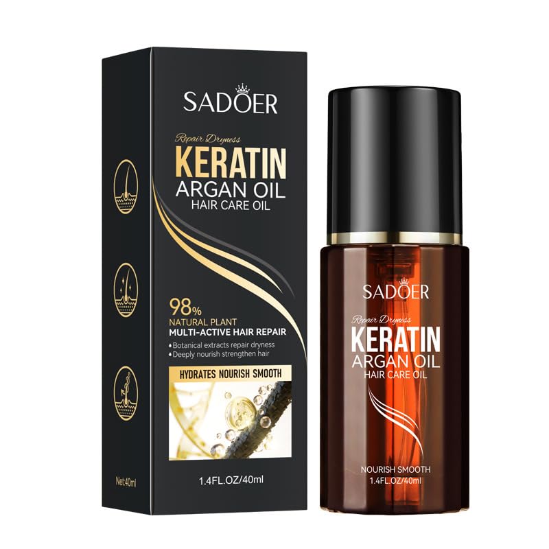 SADOER Aceite de queratina y argán para el cabello, 40 ml, fragancia de larga duración con niacinamida, tratamiento multiactivo de reparación capilar