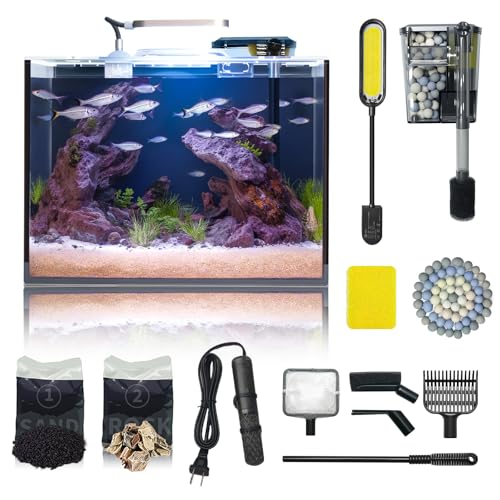 5 Gallon Small Aquarium Set Glass Fish Tank 6 Gallon, Starter Kit with Heater Self Cleaning System Filter Bright Light Rocks Gravel Cleaning Tool, Leak-Proof Clear Rimless Betta Plants