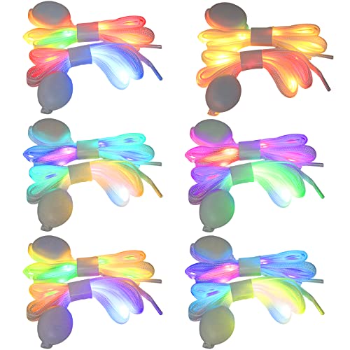 Acmee 6 Pairs Light up Shoe Laces - Flashing LED Shoelaces with 3 Modes Color Changing Glow in The Dark Laces for Skates Adults Kids Night Running Glow Party