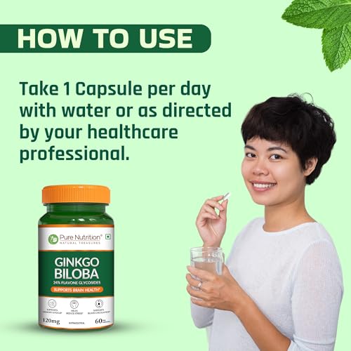 Image of Pure Nutrition Ginkgo Biloba | Gingko Biloba Capsules Supports Memory, Better Concentration | 24% Flavone Glycosides Helps Reduce Stress & Improve Blood Circulation - 60 Veg Capsules