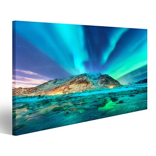 islandburner Tableau sur toile Aurore. Aurores boréales dans les îles Lofoten, en Norvège. Ciel étoilé avec des lumières polaires. Tableaux, Image, Poster JTZ