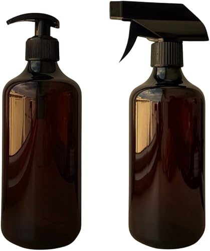 Miniatura 3 de Paquete de 4 botellas de agua recargables de plástico PET ámbar de 16 onzas con gatillo negro y bomba dispensadora de jabón, rociador vacío, niebla