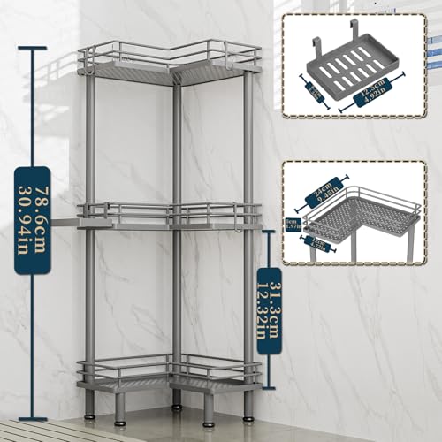 Image of Consumest Corner Shower Caddy Standing - 3-Tier Stainless Steel Shower Organizer with Soap Holder and 4 Hooks, Large Capacity Corner Shelf Stand for Bathroom, Rest Room, Grey