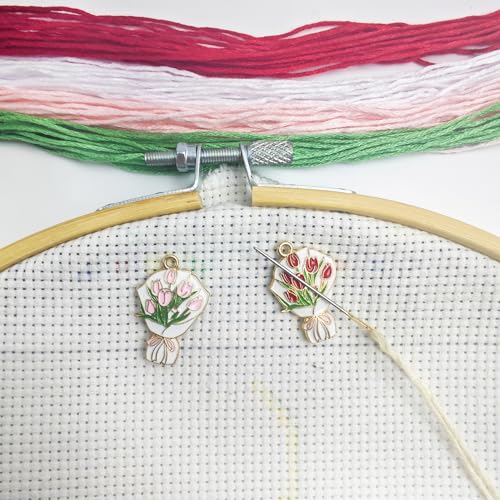 Image of 2Pcs Needle Minder for Cross Stitch, Pretty Flower Cartoon Enamel Pin,Embroidery Needlework Accessories,Gift for Cross Stitch Lover (Tulip Bouquet)