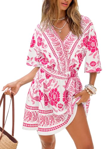 Image of CUPSHE Womens Summer Mini Dresses Short Sleeve Boho Floral Beach Vacation Sundress V Neck Tie Waist Casual A Line Dress
