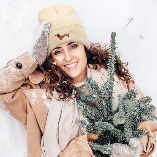 Geyoga Warme Weiche Wintermütze Winter Beanie Mütze Strickmütze mit Stickerei Kalte Mütze mit Hundestickerei Geschenk Strickmütze für Hundebesitzer(Beige,Einfacher Dackel)