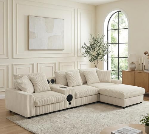 Image of Merax 4 Seater Corduroy Sectional Modular Couch Sofa w /Bluetooth Speakers, L Shaped Deep Seat Cloud Comfy Couches Sofa w /Console, USB Charger, Cup Holders, Storage, Ottoman Chaise for Living Room