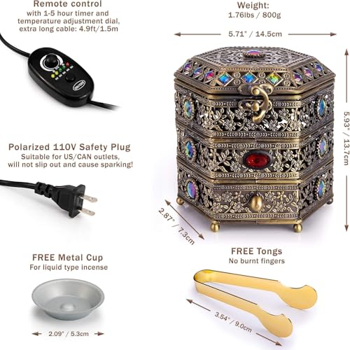 AM Electric Incense Bakhoor Burner - Frankincense Burner | Agarwood | Oud | Powder Incense Kit | quemador de incienso | with Adjustable Timer & Storage Drawer (Bronze)