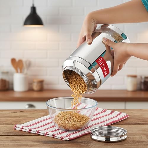 Image of HAZEL Steel Transparent Airtight Jar 3250 ML | Storage Container for Grains, Pulses & Snacks