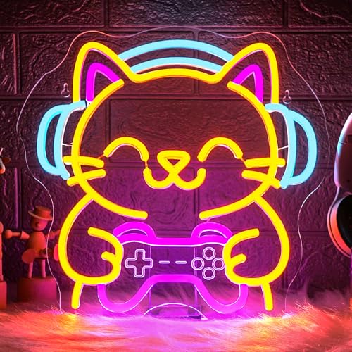 Image of Ineonlife Game Cat Neon Sign for Wall Decor Light Up Cute Animal Led Signs for game room Acrylic Art Decor for home bar bedroom cafe man cave Decorations 12.99x12.6 inch USB POWER