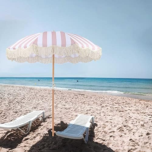 KIMBIE 6ft Patio Umbrella With Fringe,Pink,Boho Beach