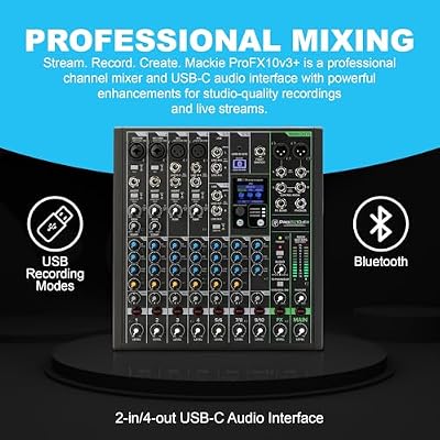 Mackie ProFX10v3+ 10-Channel Mixer with Effects and Bluetooth Bundle with 4 XLR Cables and Closed-Back Studio Mixing Headphones.