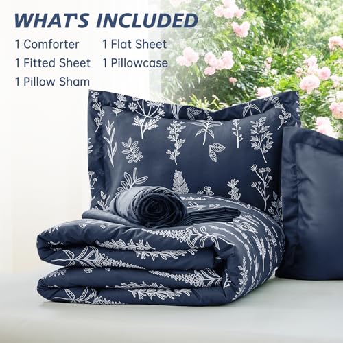 Image of MUXHOMO Navy Blue TwinXL Comforter Set, Elegant Floral Print Bed in a Bag 5 Pieces, Ultra Soft & Breathable Reversible Botanical Pattern Bedding Set with Comforter, Sheets, Pillowcase, and Sham