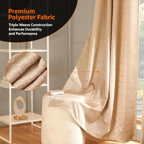 Image of Amazon Basics - Room Darkening Blackout Door Curtains, 100% Room Darkening | 5 Feet |Set of 2| Embossed | Self Deisgn |for Living Room and Bedroom | 115cmx 150cm, Color- Cream