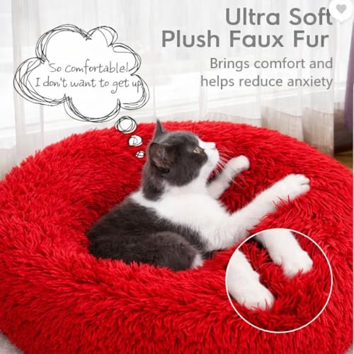 Image of ZEXSAZONE Red Plush Dog Bed Summer - Anti-Anxiety Round Donut Pet Bed with Raised Edges | Soft Faux Fur Calming Bed for Puppies, Cats & Small Dogs | Machine Washable