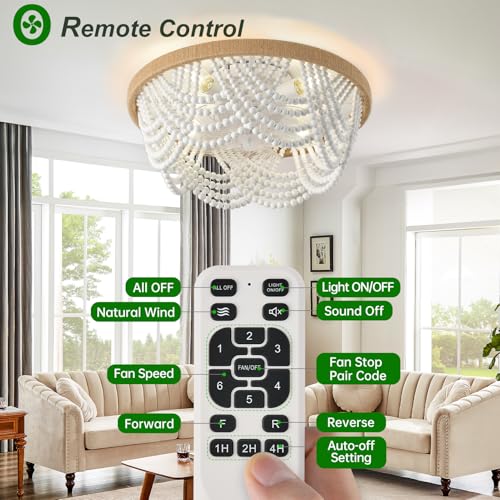 Image of Ceiling Fans with Lights and Remote - Bulbs Included, Caged Fandelier with Handcrafted Beaded Decor 19 inches Reversible Flush Mount Installation Ceiling Fan, White