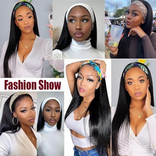 Image of Celiarita Headband Wig Human Hair Straight 26 inch Glueless None Lace Front Machine Made Half Wigs for Black Women Human Hair Headband Wig Straight 150% Density Natural Color