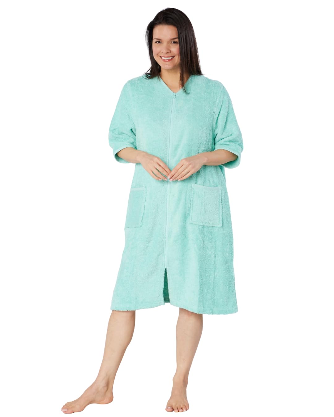Suzy & Me Peignoir à manches 3/4 avec fermeture éclair 100 % coton pour femme | Manches 3/4, fermeture éclair, tissu éponge, 100 % coton