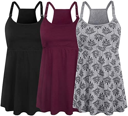SUIEK Women's Nursing Tank Top Cami Maternity Bra Breastfeeding Shirts (Medium, Black+Burgundy+Grey Print - Fourth Style)
