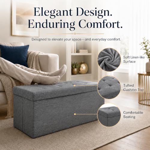 Image of ALASDO 43 Inch Folding Storage Ottoman Bench with Hidden Storage, PU Leather Ottoman Foot Rest Stool, End of Bed Bench for Bedroom, Living Room, Entryway and Closet, Grey