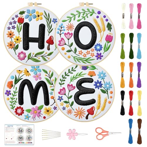 Image of BEUNITONE 4 Set Embroidery Kit for Beginners, DIY Home Theme Pre-Stamped Pattern Needlepoint Kits for Adults with Hoop and Instruction, Funny Hand Embroidery Patterns for Cloth and Home Decor