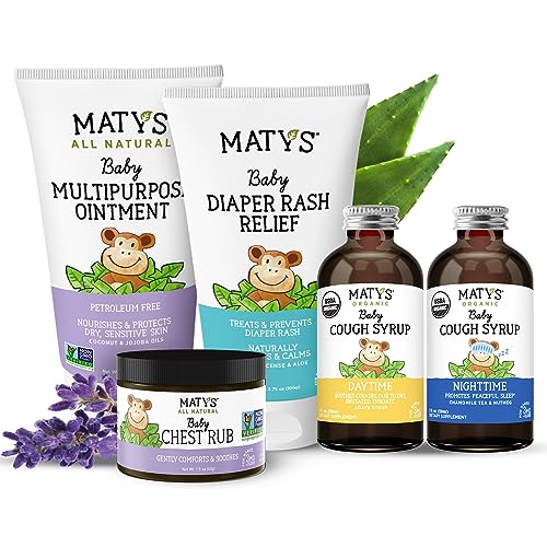 Image of Matys Baby Essentials Kit for Newborn Parents or Baby Shower Gifts, The Ultimate Baby Must Haves Bundle: Chest Rub, Multipurpose Ointment, Diaper Rash Cream, Organic Cough Syrups, 5 PC Set Baby Gifts