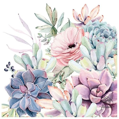 Set of 2 Individual Decoupage Paper Party Napkin Succulents Plants Watercolor Decor Luncheon Napkins for a Birthday Holiday, Wedding, Cocktail Party