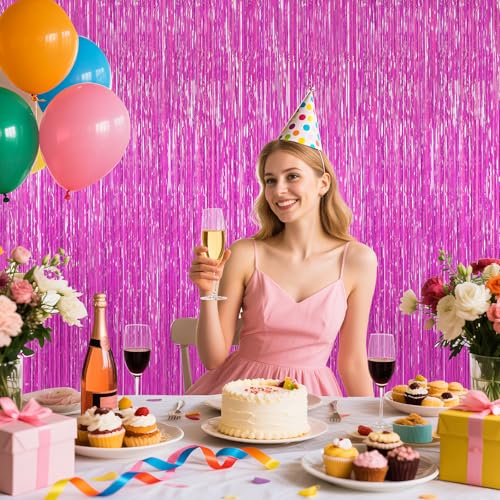 Image of 2 Pack Hot Pink Backdrop Curtain, Door Streamers, Party Streamers Decorations Rose Red Birthday Wedding Decorations Foil Fringe Photo Backdrop Party Supplies Fiesta Grad Theme Christmas Decorations