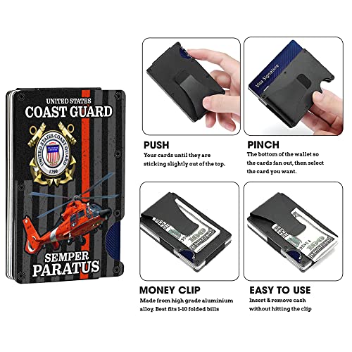 Slim Wallet With Money Clip, Us Coast Guard Red Helicopter Semper Paratus Blocking Front Pocket Credit Card Holder For Coast Guard, 3.35 x 2.13, Black, MWL00014