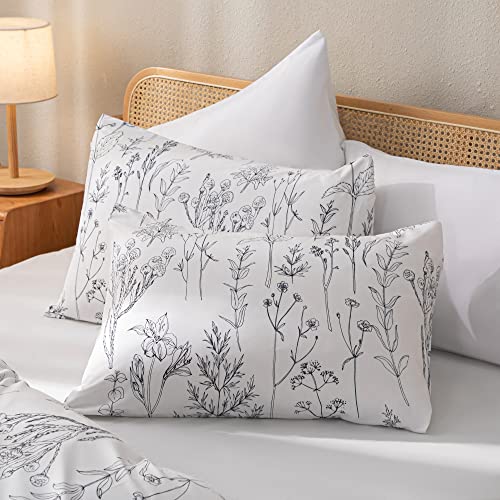 Janzaa 3Pcs White Comforter Set, Soft Microfiber Bedding Plant Flowers Printed Comforter With 2 Pillow Cases For All Seasons(Queen) #TOP6