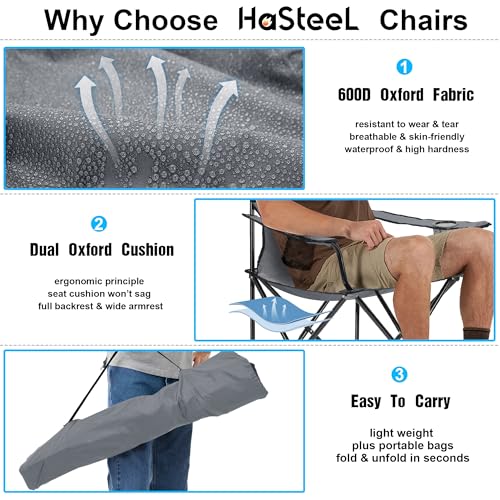 Image of HaSteeL Camping Chair for Adults, Folding Beach Chair Set of 2, Large Foldable Portable Chair for Outdoors Fishing, Hiking, Sporting, Travel, Picnic, Lawn, Hold 275lbs & A Storage Bags (Grey)
