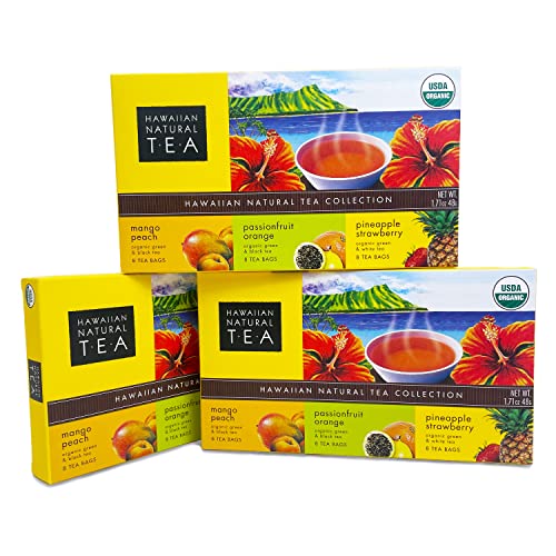 Image of Hawaiian Natural Organic Tropical Fruit Tea Sampler - Green, Black, White Tropical Fruit Tea Blends, Gift Box Set For Special Occasions - 24 Bags