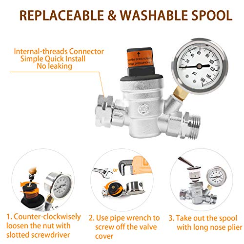 Pangolin Water Pressure Regulator Valve With 160 Psi Gauge And Inlet Stainless Screened Filter Rv Regulator Valve, 3/4" Nh Lead-Free Brass Adjustable Pressure Regulator For Rv Camper, 2 Years Warranty #TOP5