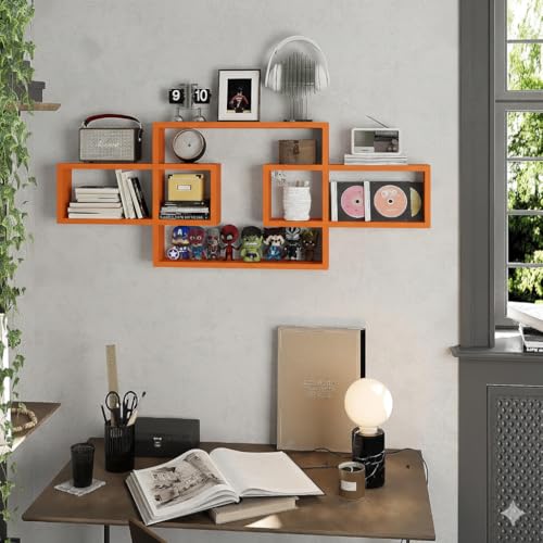 Image of Wooden Wall Shelves for Living Room, Bedroom Wall Mounted Rectangle Bookcase, Intersecting Wall Shelves for Storage Modern Decorative Display Shelves for Wall Decor (Orange)