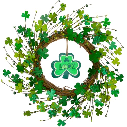 VGIA 20 inch St. Patricks Day Shamrocks Wreath for Front Door Handmade St. Patricks Day Decorations Glitter Clover Wooden Sign Home Wall Window
