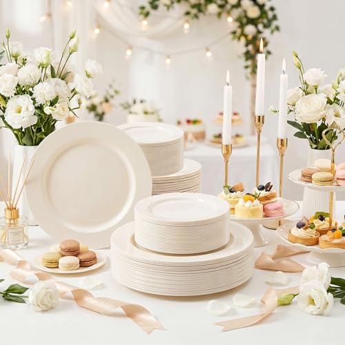 Image of I00000 200 Pcs Ivory Plastic Plates, Disposable Party Plates Include 100 Ivory Dinner Plate 10'' and 100 Plastic Dessert Plate 7'' Perfect for Birthday, Party & Wedding
