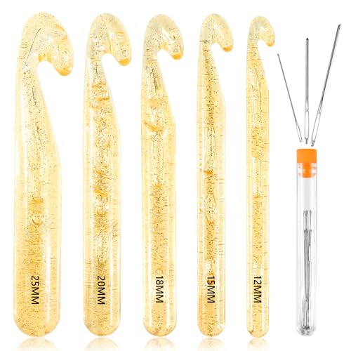 Kristall häkelnadel 5 Stück Große Häkelnadel Set Kunststoff Jumbo Häkelnadeln Größen 12/15 /18/20 /25 mm Länger Häkelnadeln mit Häkeln Kopf für Teppiche Schals