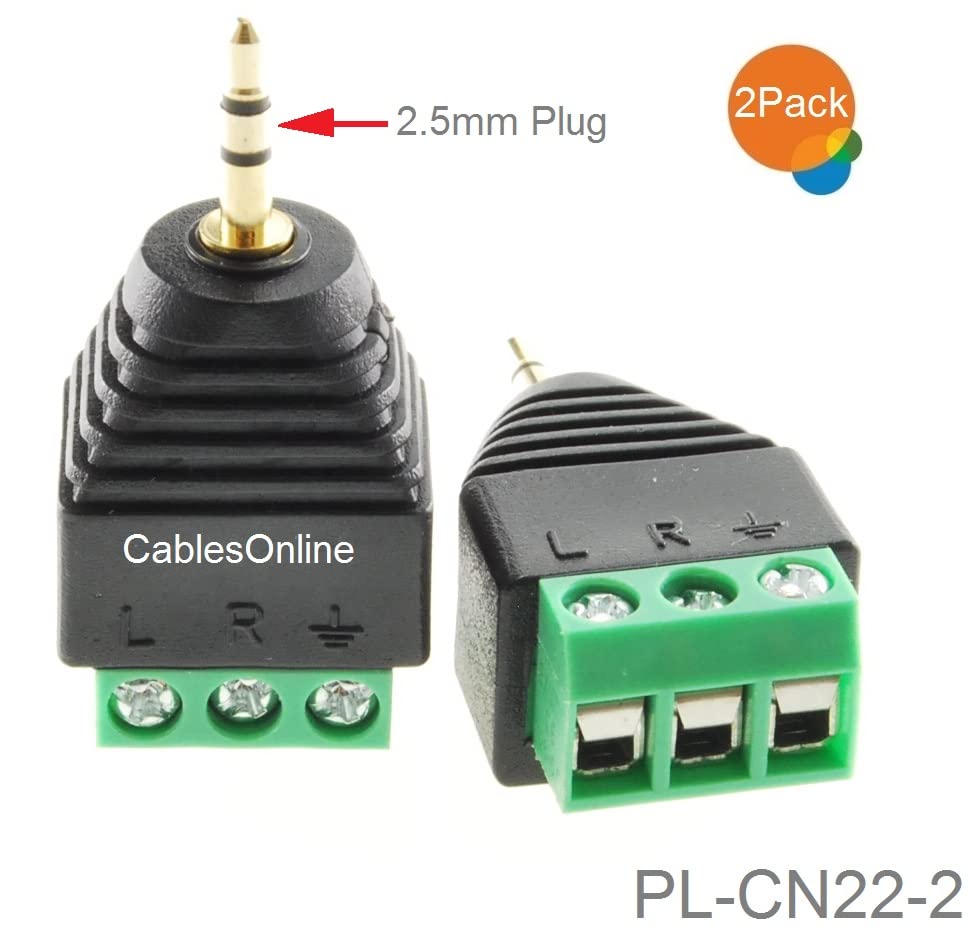 CablesOnline 2-Pack 2.5mm Stereo TRS macho a AV 3-Screw Terminal miniatura 4