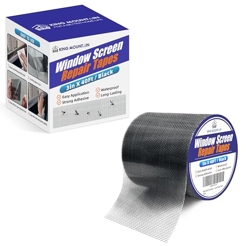 KING MOUNTAIN Black Window Screen Repair Tape,3inX40FT Heavy Duty Screen Repair Kit for Window Screen and Screen Door Tears Holes,Strong Adhesive &amp; Waterproof Window Screen Patch