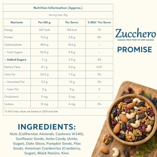 Image of Zucchero Healthy Dry Fruit Mix (400g) - Daily Health Trail Mix | Power Booster | Almond, Cashew, Amla, Sunflower, Flax, Date, Cranberry, Kiwi | Classic Indian Mix | 100% Natural | No Oil, Salt or Preservatives | Lab Tested