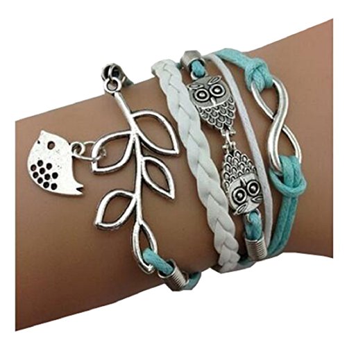 Vintage Handmade Infinity Silver 8 Owl Leaf Bird Leather Bracelet Wristband - Image 6