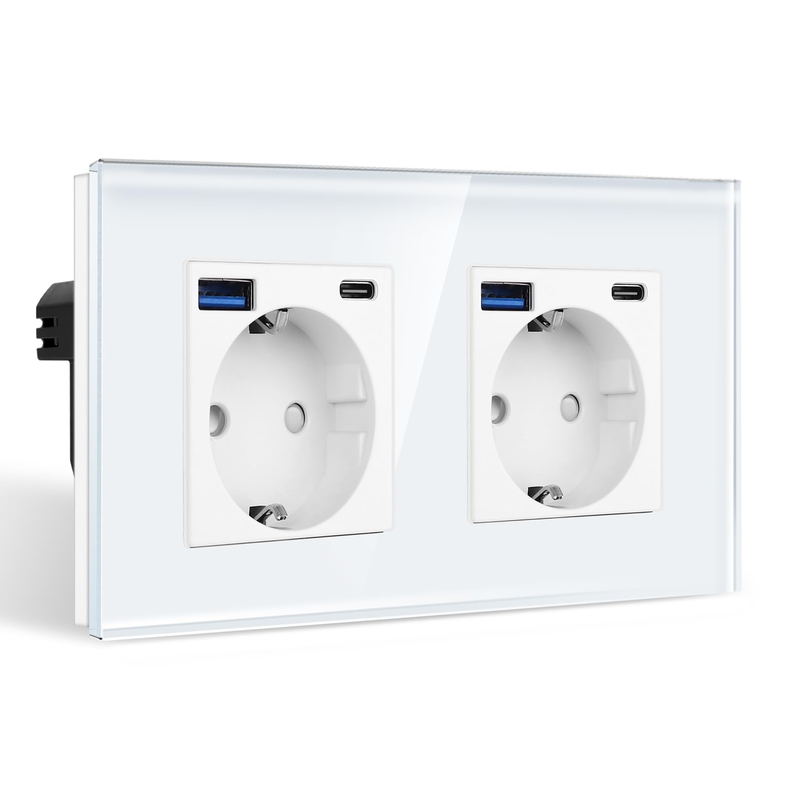 CNBINGO Double socket with 4 x USB port (max. 2.1 A, type C and USB-A) - double glazed Schuko socket flush-mounted - white wall socket with child safety lock โ image 1