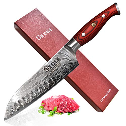 SEDGE Santoku Knife 7 Inch - Japanese Dragon Pattern Damascus AUS-10V High Carbon Steel - Ergonomic G10 Handle with with Gift Box