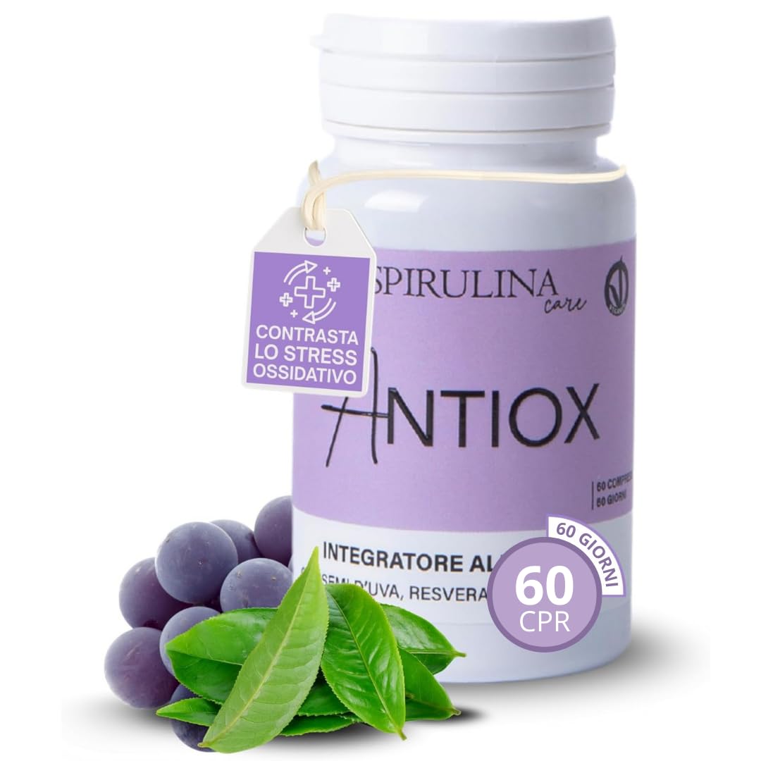 SPIRULINA BECAGLI - Semi d'uva (OPC) e Resveratrolo – Antiossidante per Pelle e Microcircolo con Spirulina, Tè Verde, Vitamina E e Selenio – 60 compresse da 800 mg