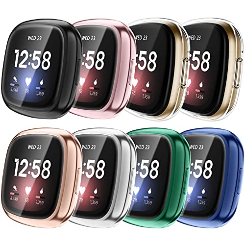Fintie 8-Pack Screen Protector Case Compatible with Fitbit Versa 3 / Fitbit Sense Soft TPU Plated Full Protective Bumper Cover [Scratch-Proof]