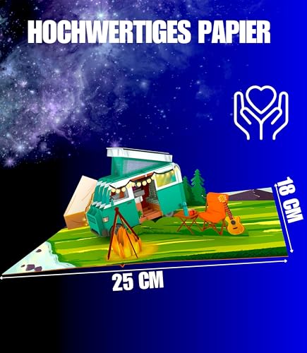 Liebessa - 3D Pop Up Karte Camping mit Wohnwagen, Gutschein, Reisegutschein für Camper. Geschenkgutschein für Campingplatz oder Reise. Natur, Berge & Abenteuer erleben mit Wohnmobil.