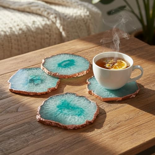 Image of Natural Agate Stone Tea Coasters Set | Premium Stone Coasters for Tea, Coffee & Glass | Heat Resistant Coasters for Dining Table, Office Desk & Home Decor | Pack of 4 | Color -Green
