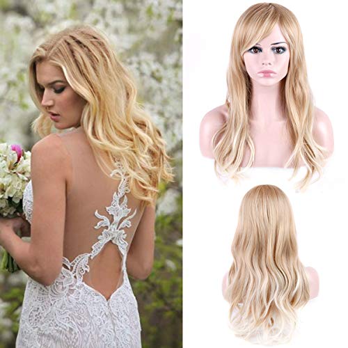 Creamily Women Long Wavy Blonde Wig with Bangs Synthetic Cosplay Costume Full Head Curly Hair Heat Resistant Natural Looking Replacement Wigs