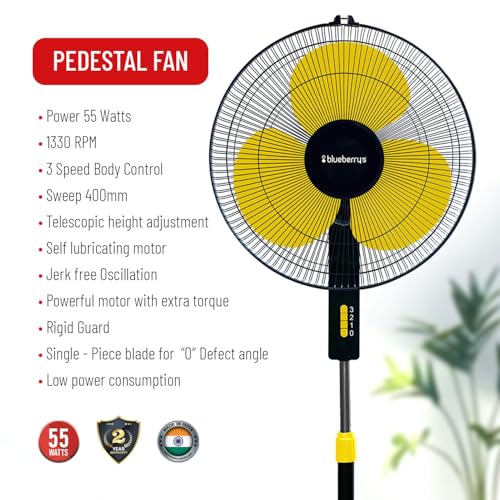 Image of Blueberry's High-Speed Oscillating Pedestal Fan, 3-Adjustable Fan Speeds, Rust Resistant Body, Adjustable Length, RPM 2200, 400-mm Sweep Length (Yellow)
