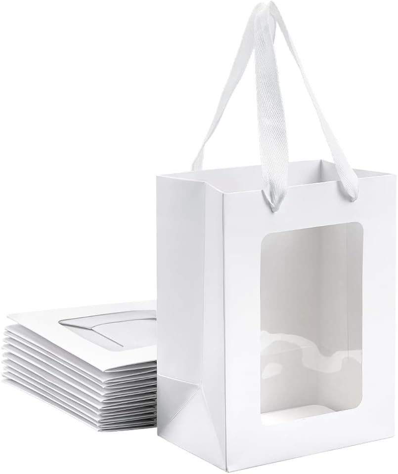 NBEADS 12 Pcs Kraft Paper Gift Bags With Clear Window, 7.9x5.9x4.1inch Tote With Handles for Shopping, Birthday, Bridal Shower, Festival Party - Brown, Camel